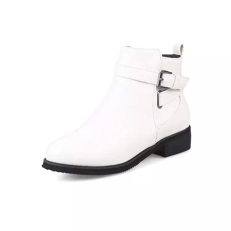 Women's Pu Leather Round Toe Side Zippers Buckle Straps Block Chunky Heel Ankle Boots