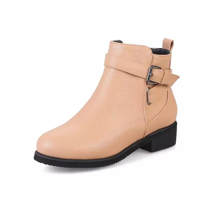 Women's Pu Leather Round Toe Side Zippers Buckle Straps Block Chunky Heel Ankle Boots