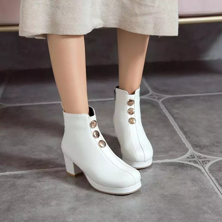 Women's Pu Leather Round Toe Stitch Buttons Side Zippers Block Chunky Heel Platform Ankle Boots