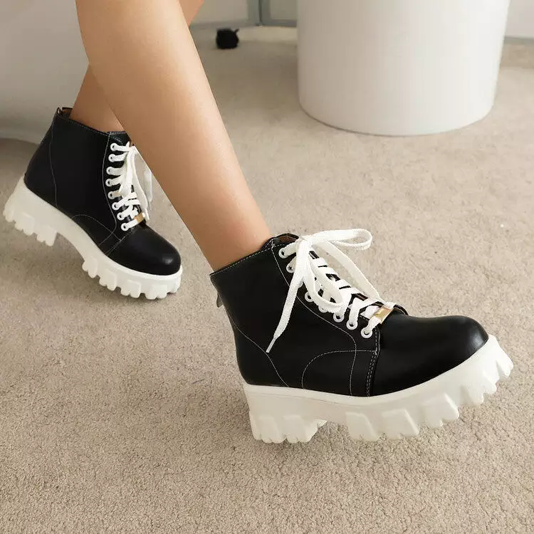 Women's Round Toe Lace Up Back Zippers Block Chunky Heel Platform Short Boots