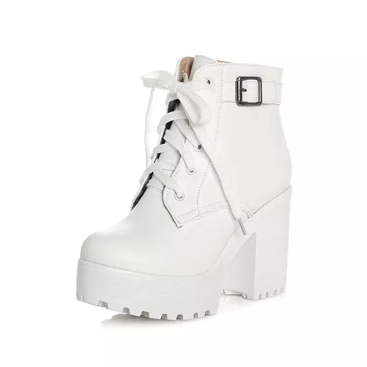 Women's Round Toe Lace-Up Buckle Straps Block Chunky Heel Platform Short Boots