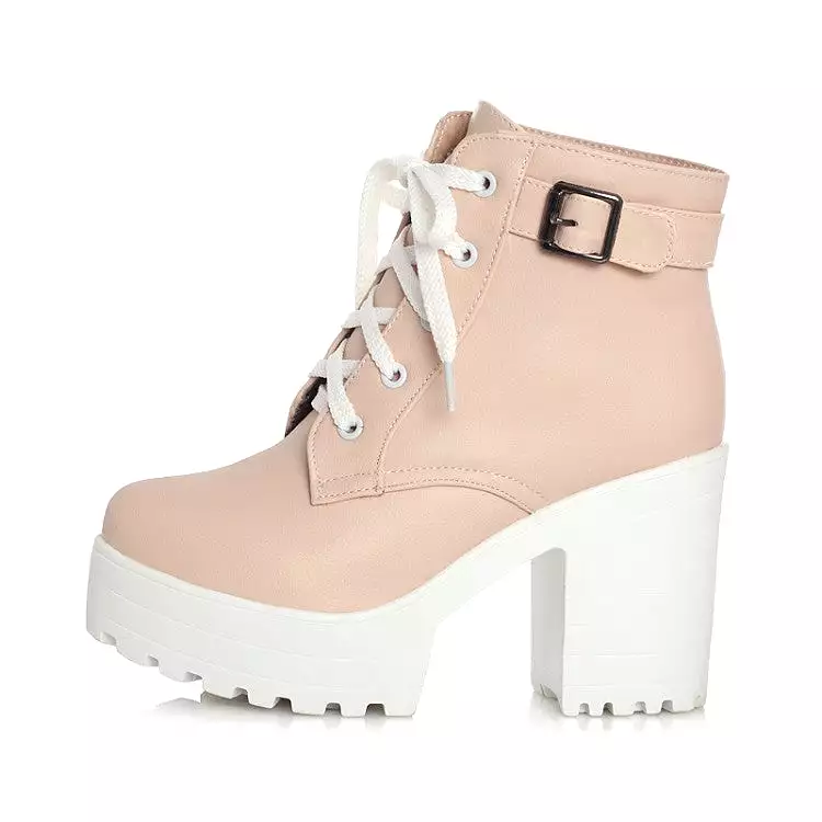 Women's Round Toe Lace-Up Buckle Straps Block Chunky Heel Platform Short Boots