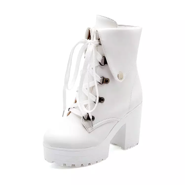 Women's Round Toe Rivets Lace-Up Block Chunky Heel Platform Short Boots