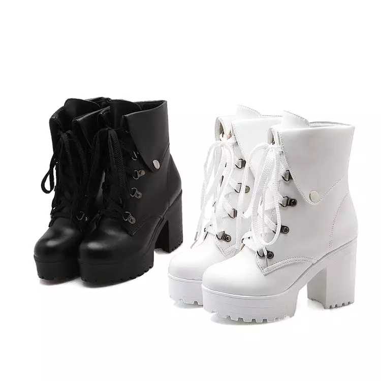 Women's Round Toe Rivets Lace-Up Block Chunky Heel Platform Short Boots