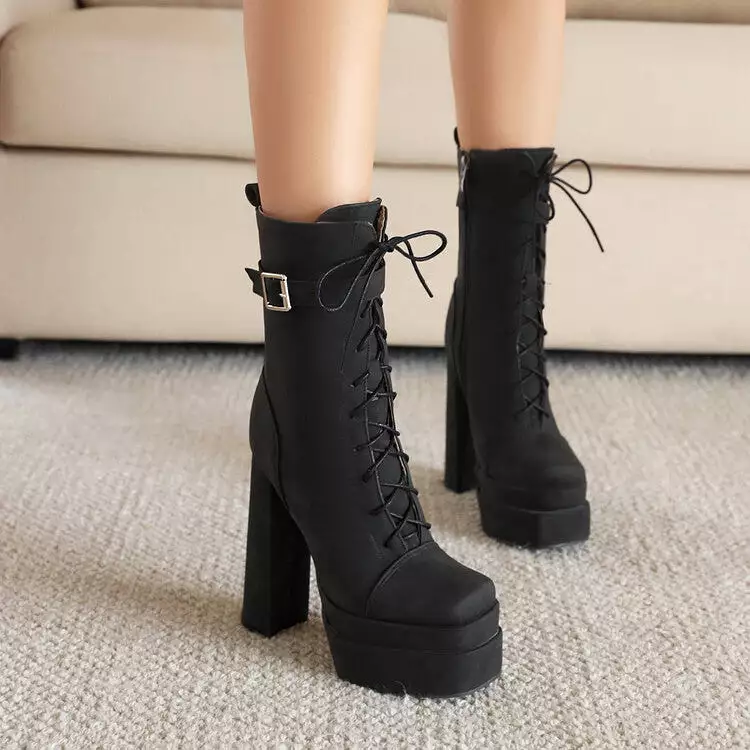 Women's Square Toe Lace Up Buckle Straps Block Chunky Heel Platform Side Zippers Short Boots