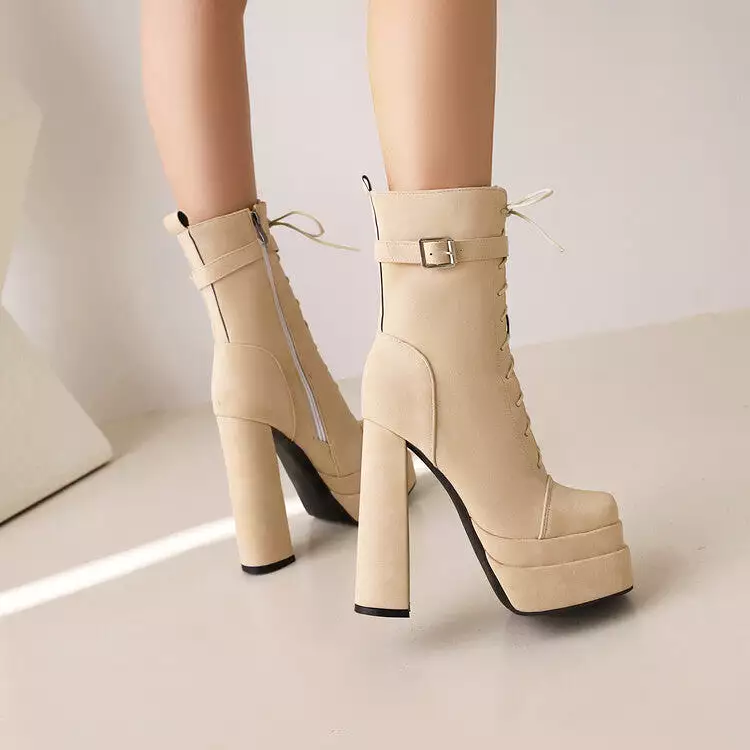 Women's Square Toe Lace Up Buckle Straps Block Chunky Heel Platform Side Zippers Short Boots