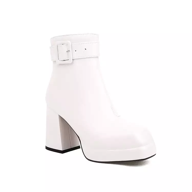 Women's Square Toe Side Zippers Block Chunky Heel Platform Buckle Straps Short Boots