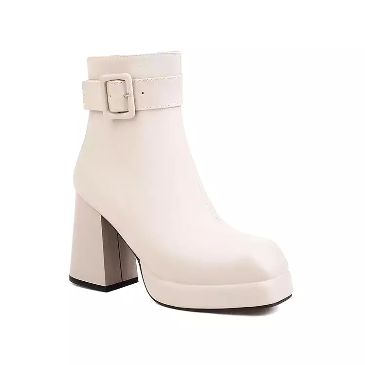 Women's Square Toe Side Zippers Block Chunky Heel Platform Buckle Straps Short Boots