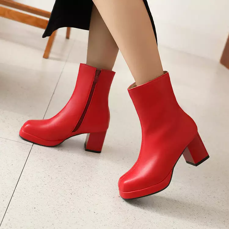 Women's Square Toe Side Zippers Block Chunky Heel Platform Short Boots