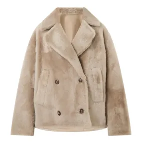 YVES SALOMON Short Double-Breasted Shearling Coat - Beige